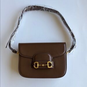 Brown Vegan Leather Shoulder Bag with Gold Horsebit Accent